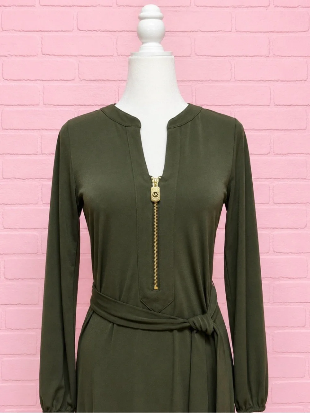 Michael Kors Women's Olive Green Zip-Front Tie-Waist Dress